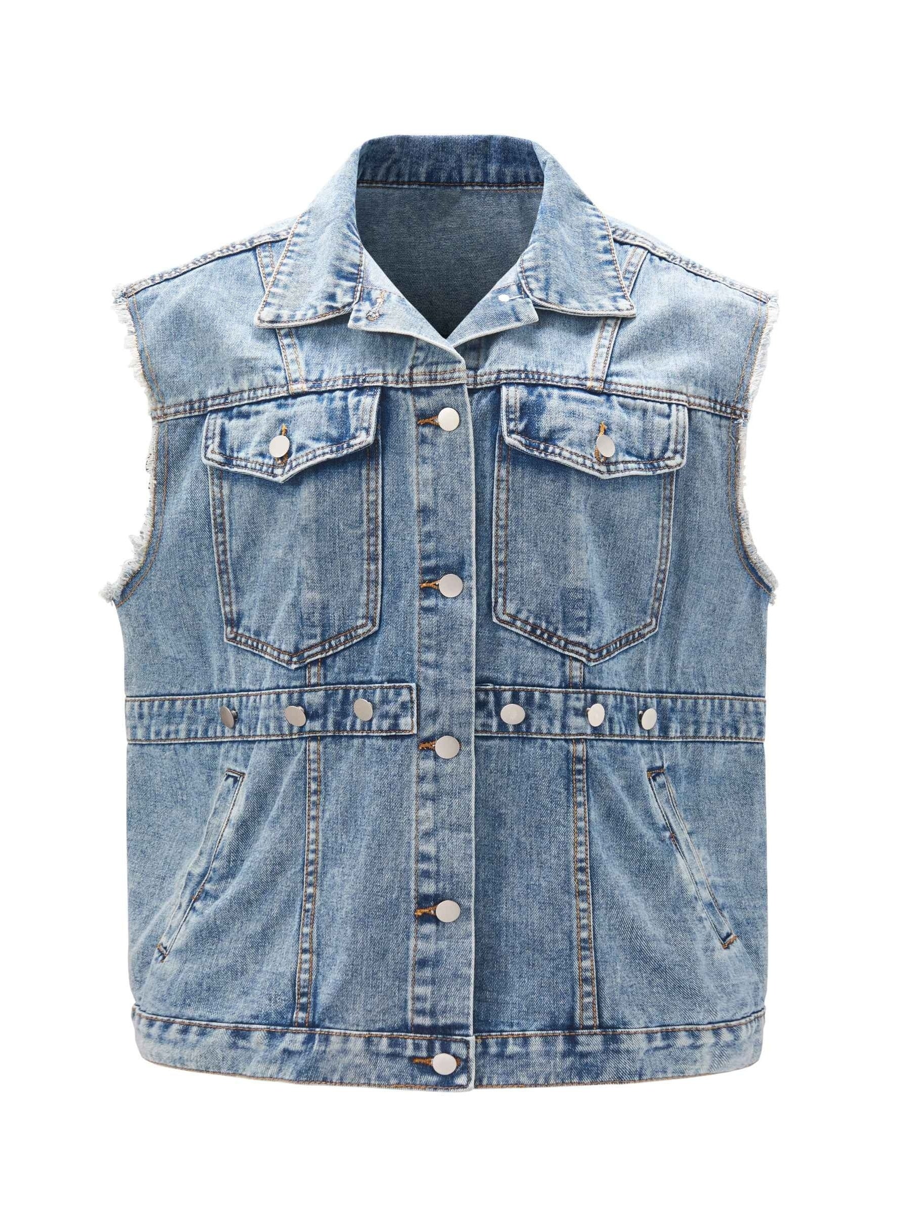  Denim Vest Fringe Trim Button Front Slim Fit Casual Jean Vest