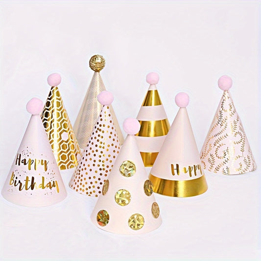 Birthday Cone Hat With Pom Poms Striped Dot Party Decor