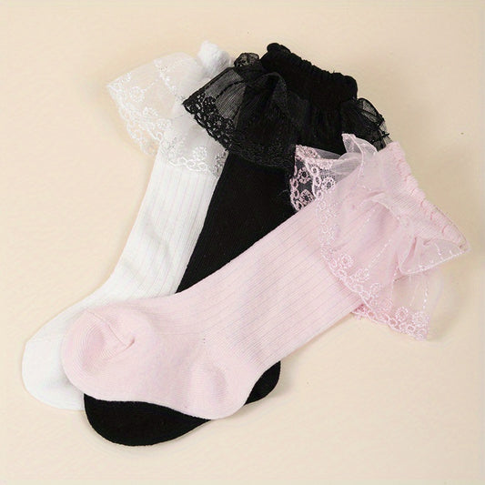 3 Pairs Girls Kids Lace Trim Crew Socks Lightweight & Comfy Children s Stockings