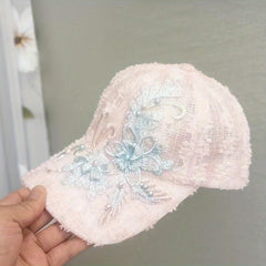 Flower Lace Baseball Cap with Faux Pearls