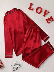 Solid Satin Lounge Set Long Sleeve Top & Pants Women's Loungewear