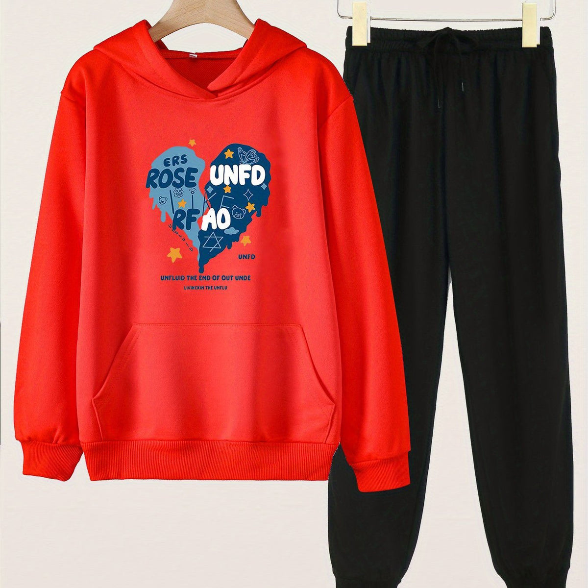Girls Broken Heart Print Hoodie & Sweatpants Set for Spring/Autumn