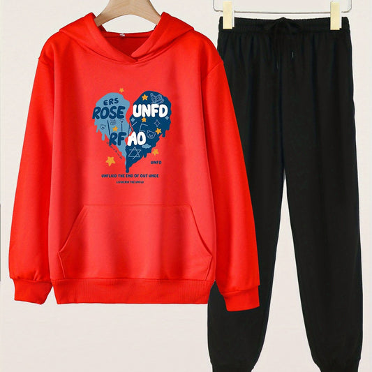 Girls Broken Heart Print Hoodie & Sweatpants Set for Spring/Autumn