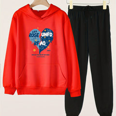 Girls Broken Heart Print Hoodie & Sweatpants Set for Spring/Autumn