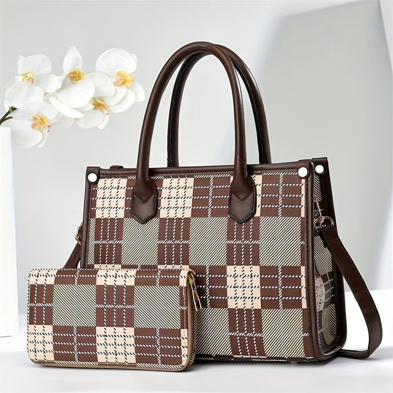 2pcs Plaid Briefcase Set Large Capacity Handbag With Clutch Bag