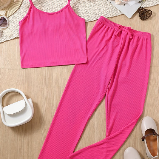 2pcs Girls Skinny Ribbed Cami Vest Top & Casual Trousers Summer Kids Clothes