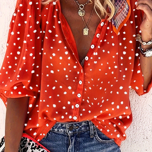 Plus Size Allover Print Roll Up Sleeve V Neck Button Up Shirt