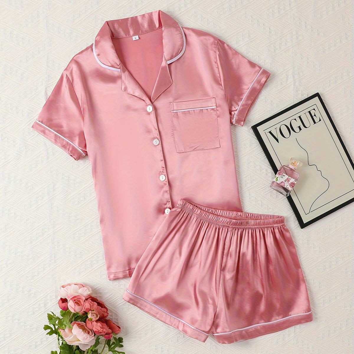 Satin Pajamas Set Short Sleeve Top & Shorts Women's Sleepwear