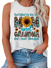 Women's Plus Leopard Slogan & Sunflower Print Tank Top