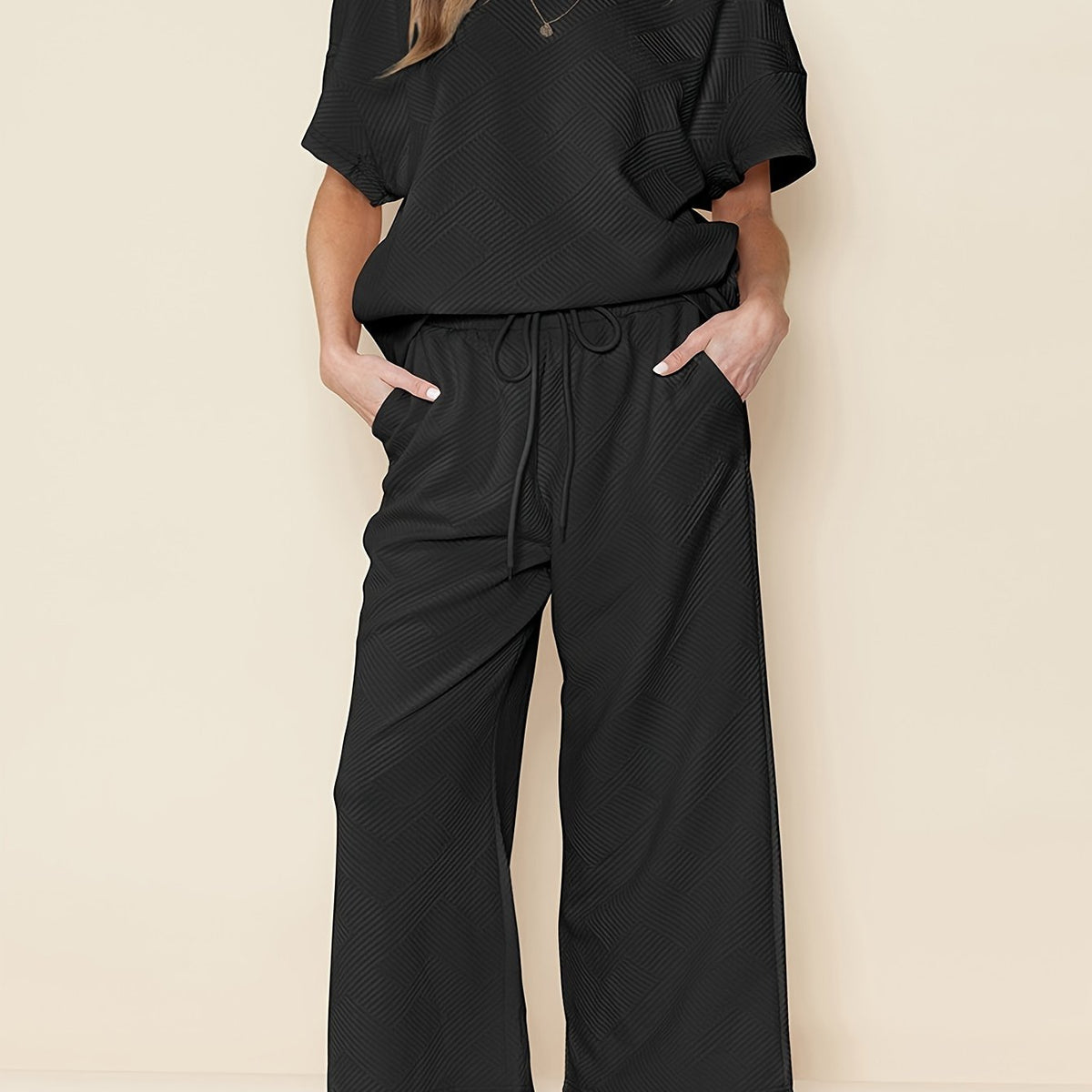  Solid Short Sleeve Round Neck Top & Wide Leg Pants Outfit Set