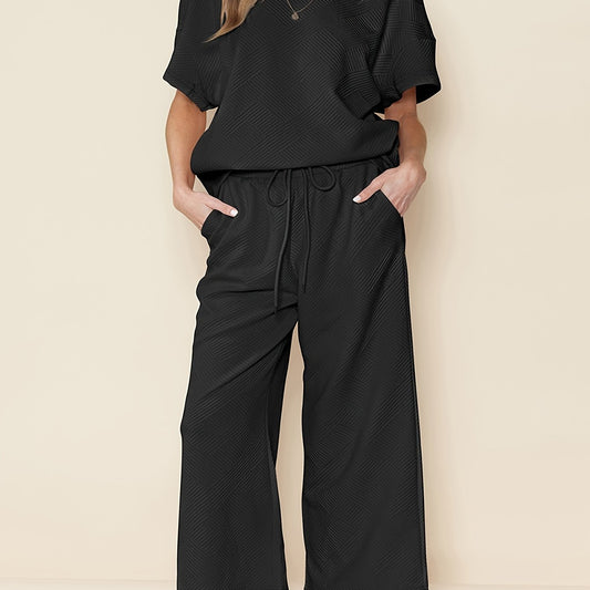  Solid Short Sleeve Round Neck Top & Wide Leg Pants Outfit Set