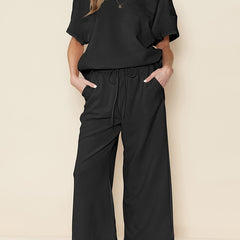  Solid Short Sleeve Round Neck Top & Wide Leg Pants Outfit Set