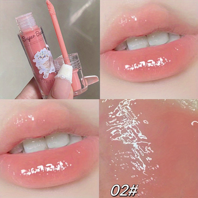 Cat Print 6 Jelly Lip Gloss Long Lasting Dew Sparkle Transparent Film