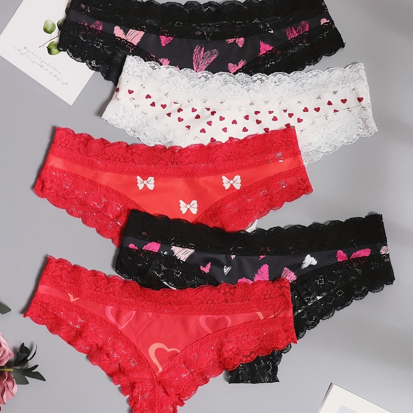 5 Pack Plus Size Lace Heart & Bow Print Panties Set