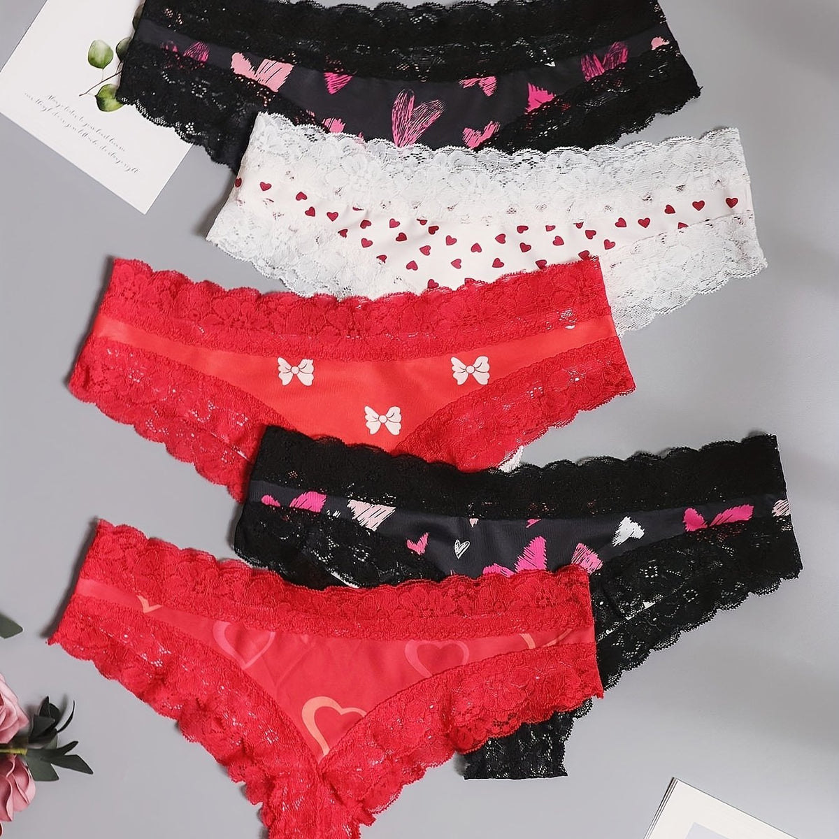 5 Pack Plus Size Lace Heart & Bow Print Panties Set