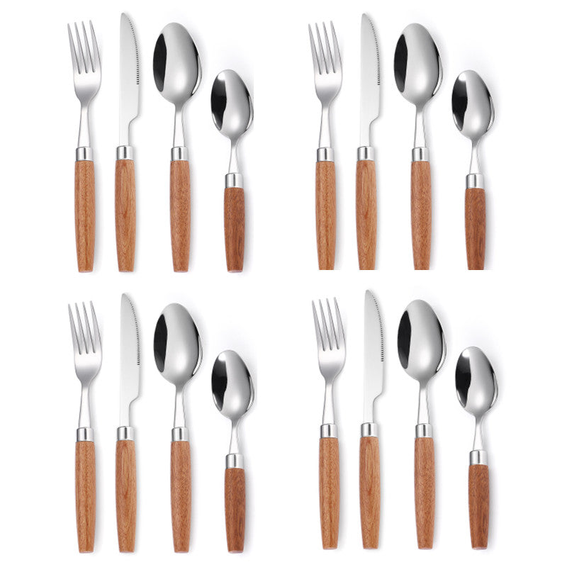Stainless Steel Tableware Set with Wooden Handles - Durable Dinnerware