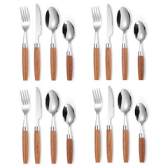Stainless Steel Tableware Set with Wooden Handles - Durable Dinnerware