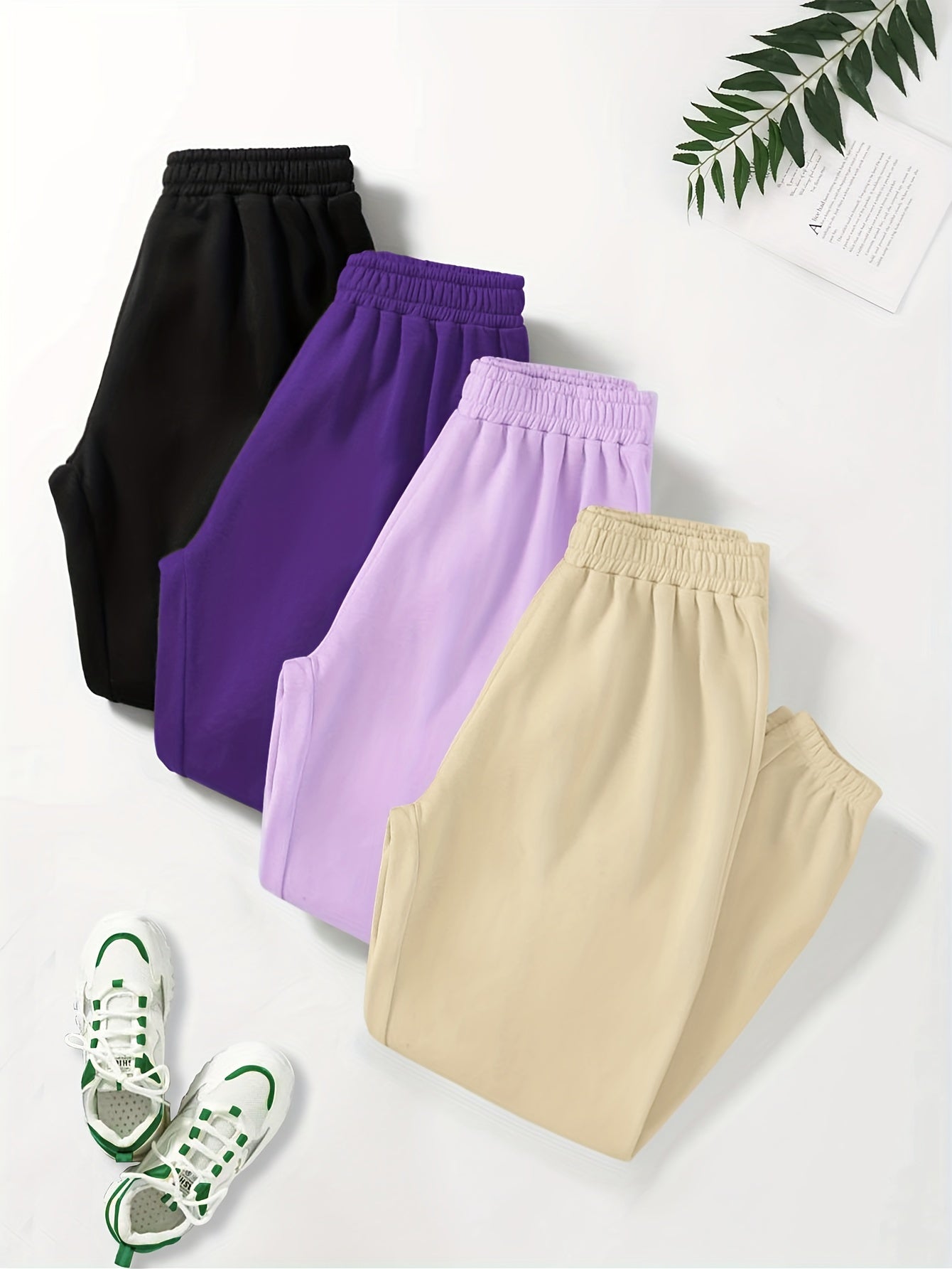 4 Pack Plus Size Sports Pants Set Women's Solid Elastic Jogger
