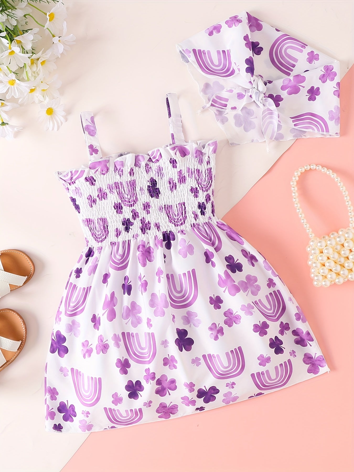 Girls Flower & Rainbow Frill Trim Shirred Dress & Headband Set