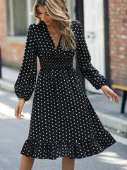 Polka Dot Ruffle Dress V Neck Long Sleeve Loose Fit Summer Women's Clothing