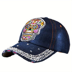 Y2K Skull Patch Baseball Cap Rhinestone Decor Dad Hat