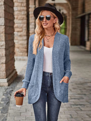  Solid Ribbed Long Sleeve Open Front Cardigan With Pockets