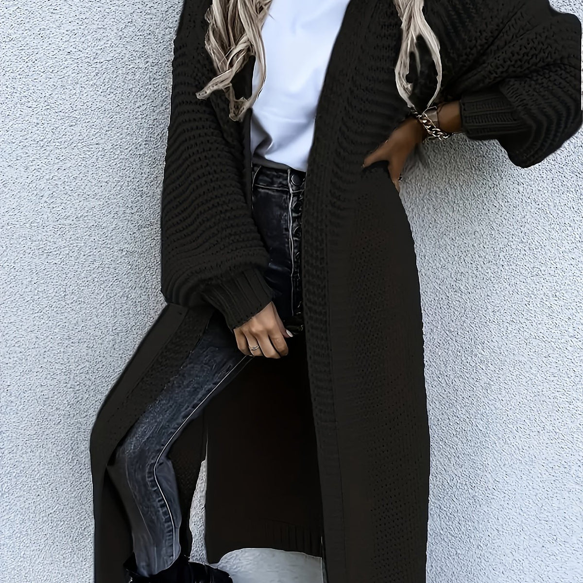  Solid Textured Lantern Sleeve Longline Cardigan
