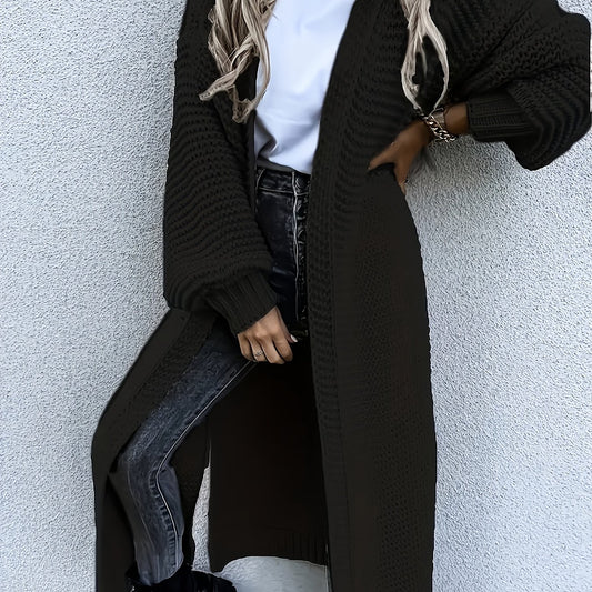  Solid Textured Lantern Sleeve Longline Cardigan