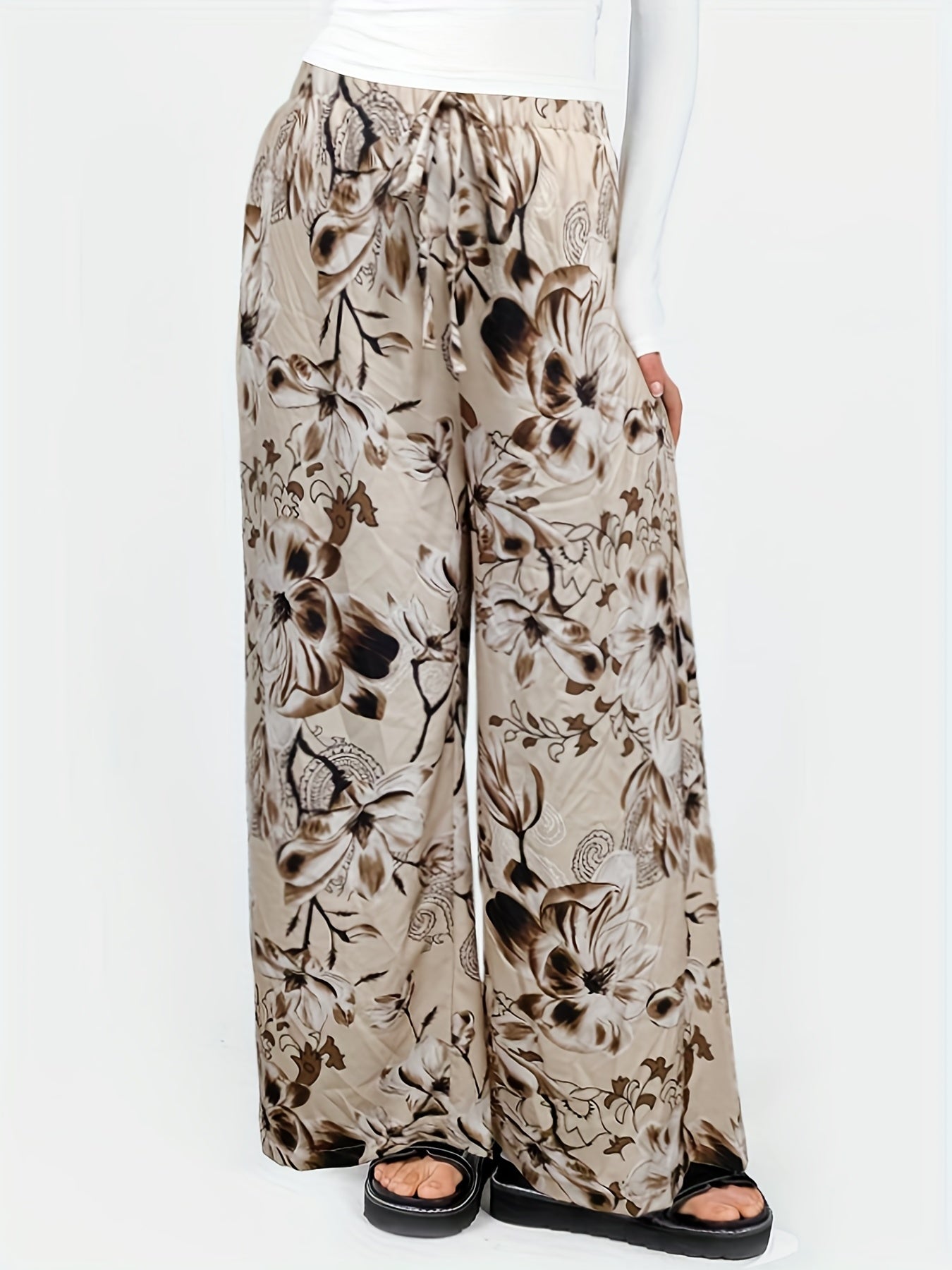  Floral Print Wide Leg Trousers with Drawstring Waist