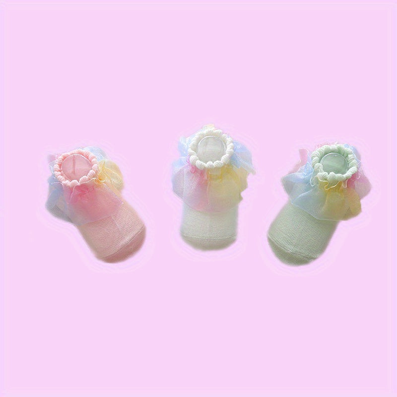 3pcs Colorful Lace Edge Baby Girl Socks, Comfy Princess Socks