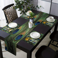 13x72 Inch Green Peacock Feather Linen Table Runner for Dining Room