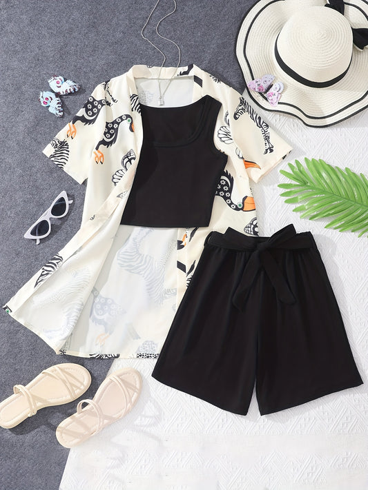 Girl's 3pcs Cartoon Animal Print Set Short Sleeve Top Casual Outfit