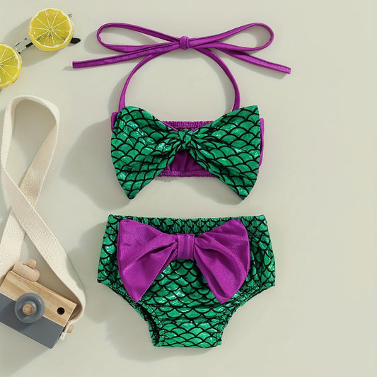 Baby Girls Mermaid Bow Swimsuit Sets Halter Neck Tops & Bottoms