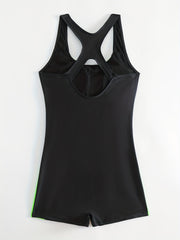 Stripes Block One Piece Swimsuit Neon Green Round Neck Bathing Suit