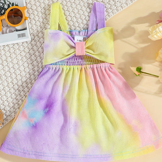 Baby Girls Tie Dye Bowknot Shirred Cami Dress for Summer