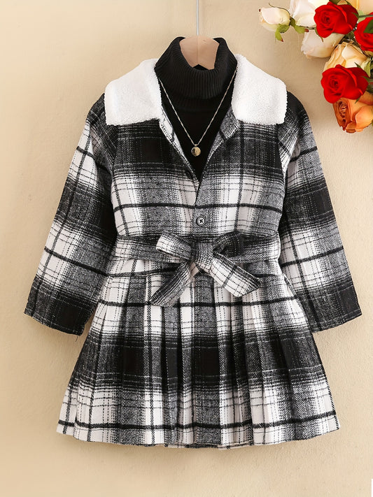 Girls Fleece Collar Plaid Style Open Front Dress