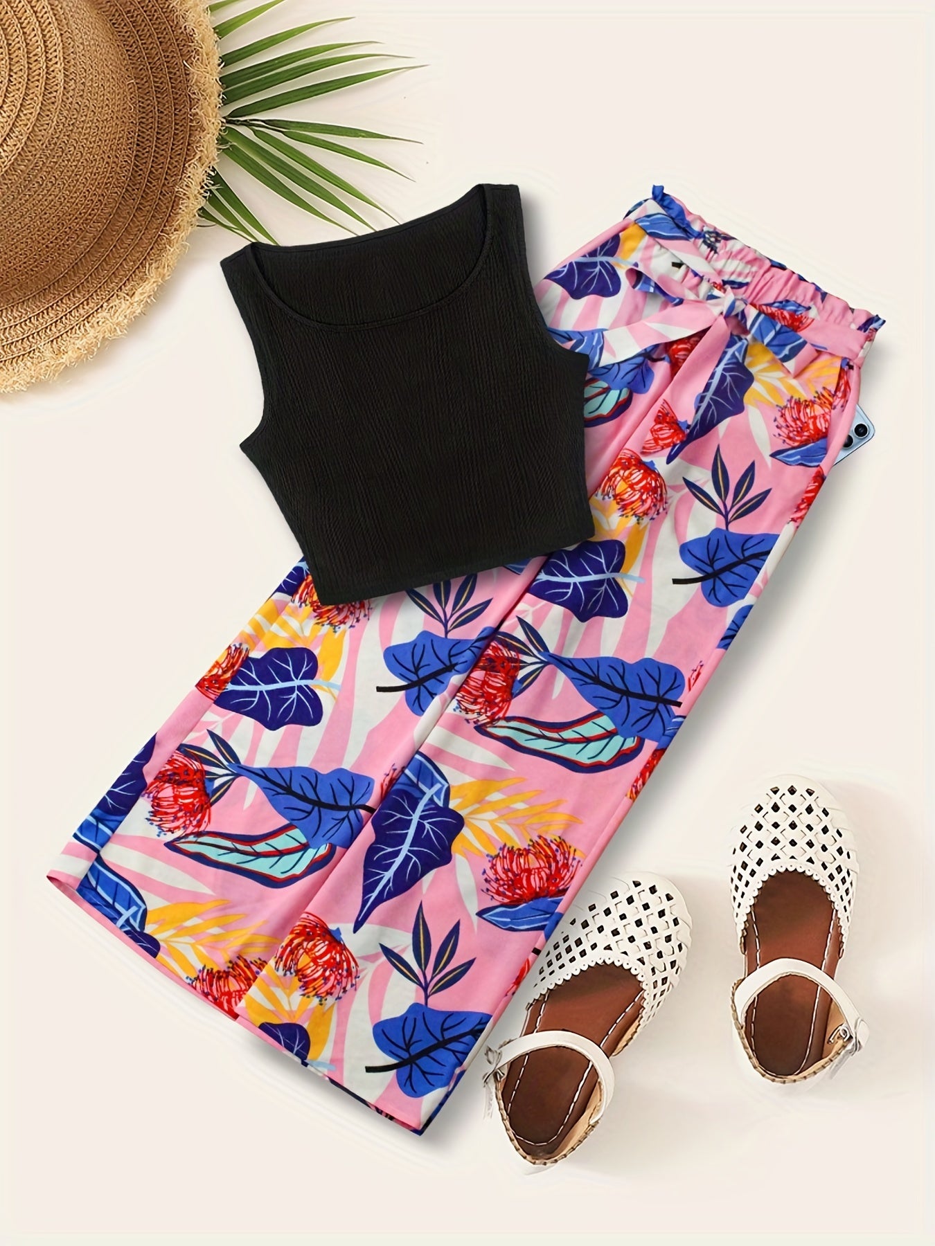 Boho Tank Top & Tropical Print Wide Leg Pants Set