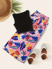 Boho Tank Top & Tropical Print Wide Leg Pants Set