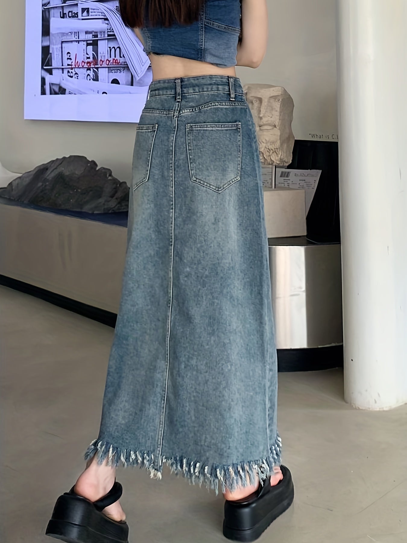 Fringe Trim Denim Maxi Skirt Straight Split Denim Skirt
