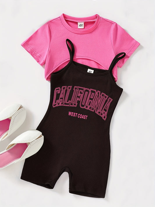 Girls 2 Piece Outfits Short Sleeve Crop Top Cami Shorts Romper for Vacation