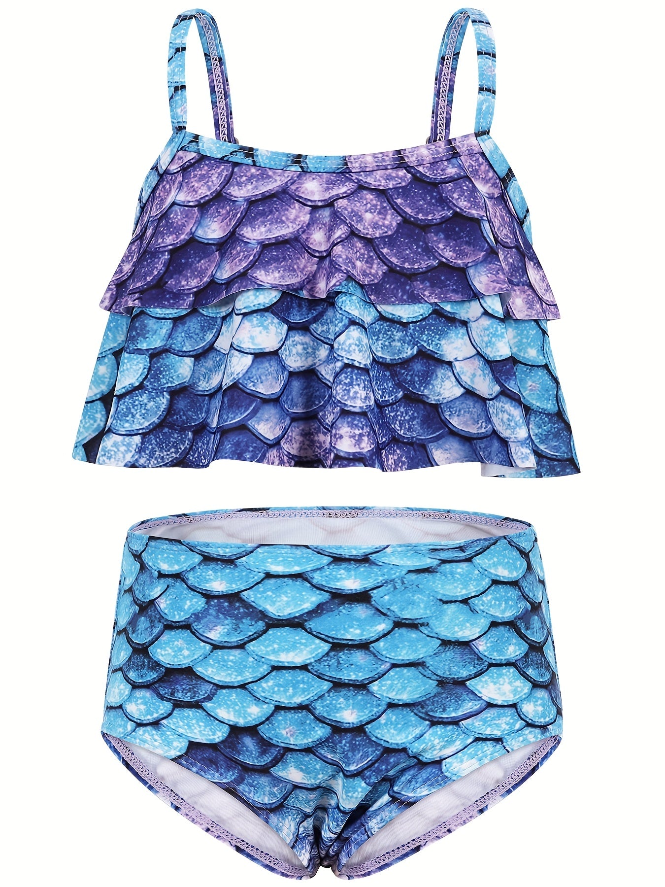 2pcs Toddler Girls Ruffle Trim Fish Scales Top Bikini Swimsuit