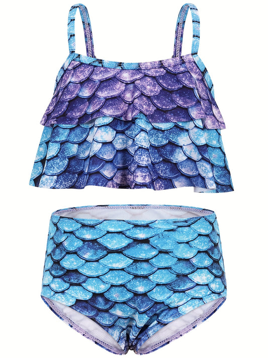 2pcs Toddler Girls Ruffle Trim Fish Scales Top Bikini Swimsuit