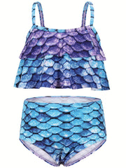 2pcs Toddler Girls Ruffle Trim Fish Scales Top Bikini Swimsuit