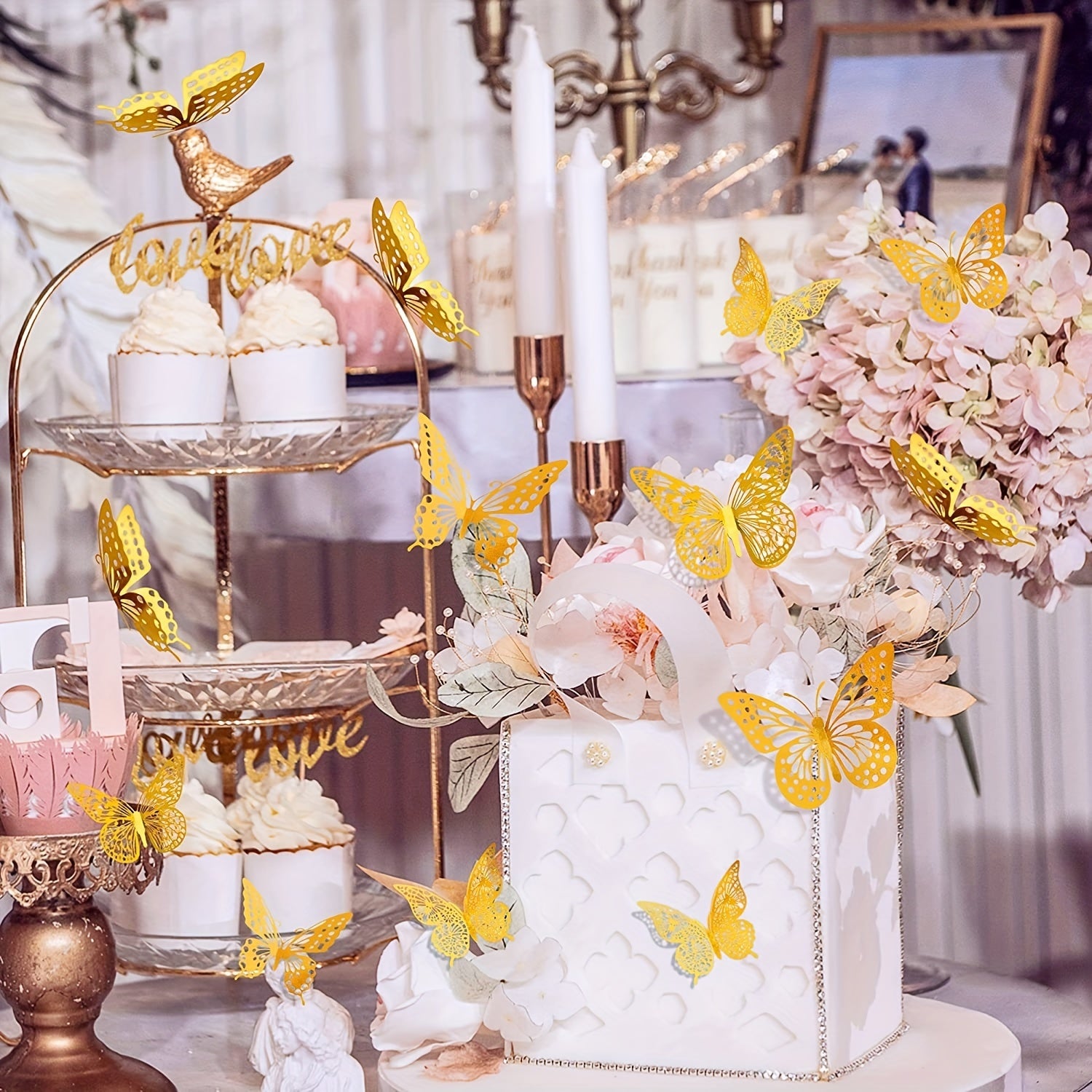 12pcs Golden Hollow Butterfly Cake Toppers for Birthday Wedding Theme Parties