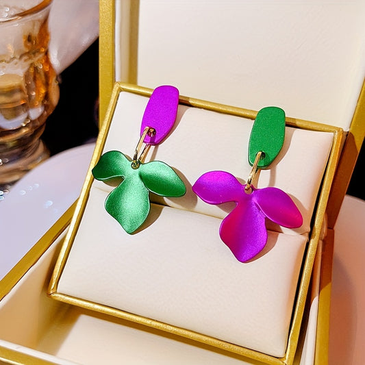 Green & Purple Flower Earrings Silver Needle Punk Style