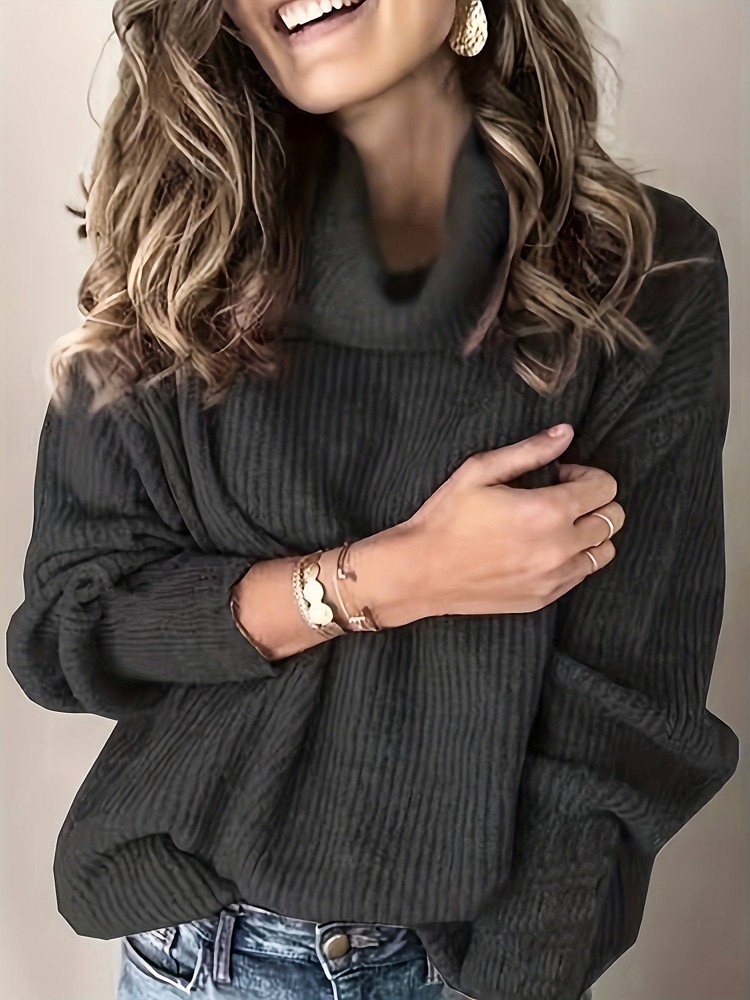  Solid Ribbed Turtle Neck Long Sleeve Sweater