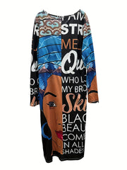  Casual Dress Women's Plus Letter & Figure Print Long Sleeve