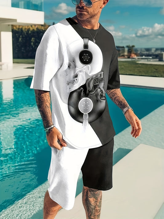 Skull Block Pattern Mens 2 Piece Outfits Comfy T-shirt And Casual Shorts Set