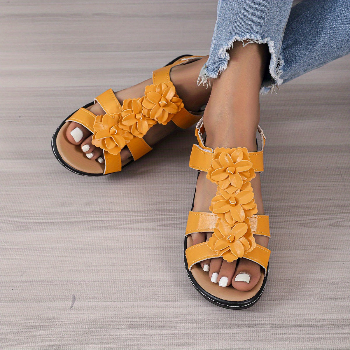 Women's Flower T Strap Wedge Sandals