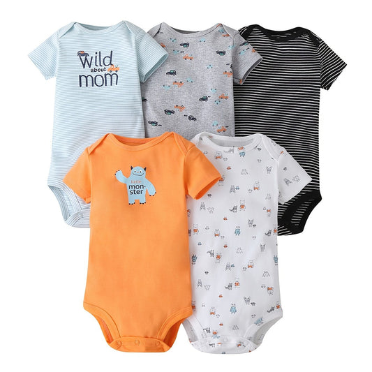 5pcs Baby Boys Casual Short Sleeve Onesie With Assorted Designs